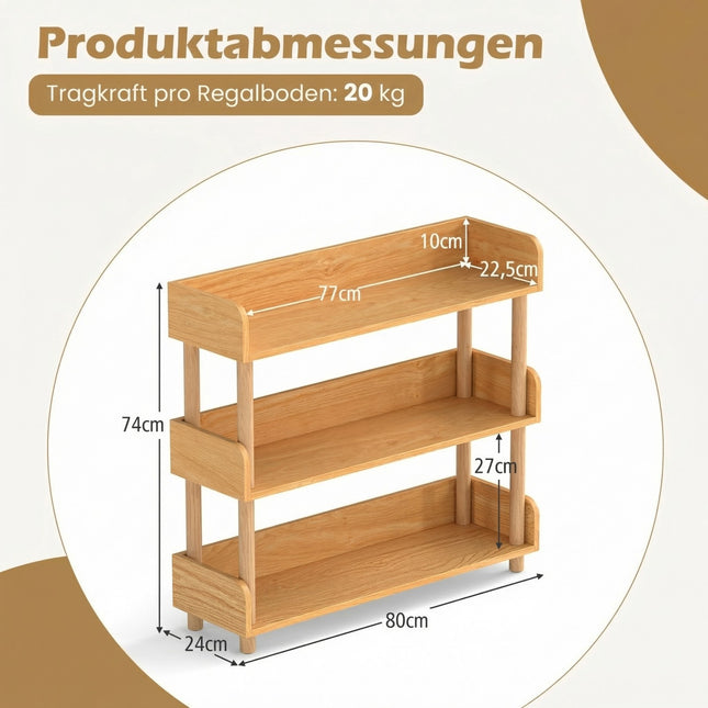 3-Tier Wooden Bookshelf with Open Shelves and Side Rails