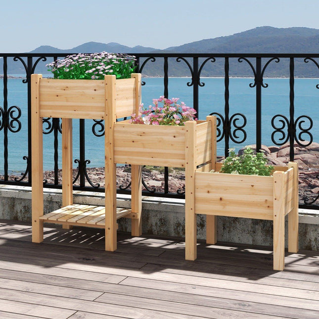 3 Tier Wooden Raised Bed with Drainage Holes Elevated Garden Bed Natural