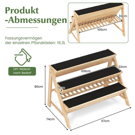 3-Tier Wooden Raised Garden Bed with Shelf & Hooks