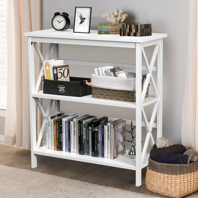 3-Tier Wooden X-Frame Etagere Bookshelf, White
