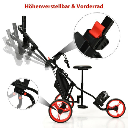 3-Wheel Adjustable Golf Cart with Seat, Red/Black