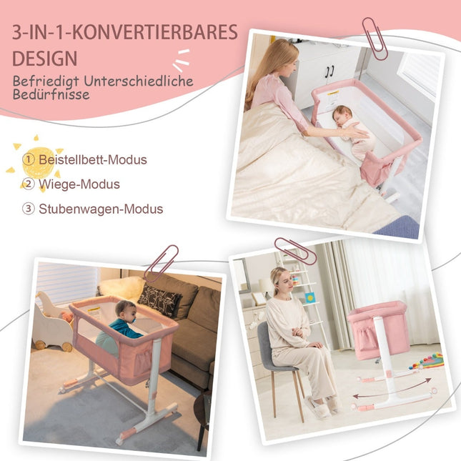 3-in-1 Adjustable Baby Bedside Crib & Bassinet, Pink