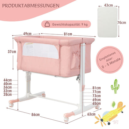 3-in-1 Adjustable Baby Bedside Crib & Bassinet, Pink