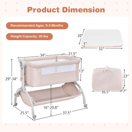 3-in-1 Baby Bassinet, Adjustable Height Bedside Sleeper, Beige