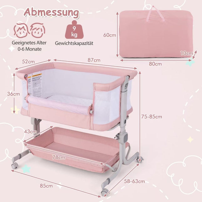 3-in-1 Baby Crib with Mattress, Adjustable Height, Pink