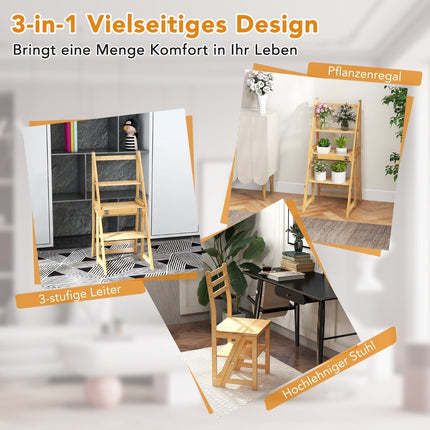 3-in-1 Bamboo Step Stool, Chair & Plant Stand, Foldable
