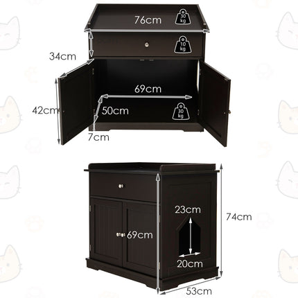 3-in-1 Cat House Litter Box Side Table with Drawer, Brown