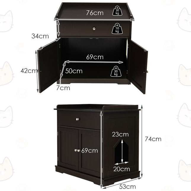 3-in-1 Cat House Litter Box Side Table with Drawer, Brown