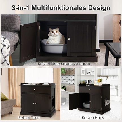 3-in-1 Cat House Litter Box Side Table with Drawer, Brown