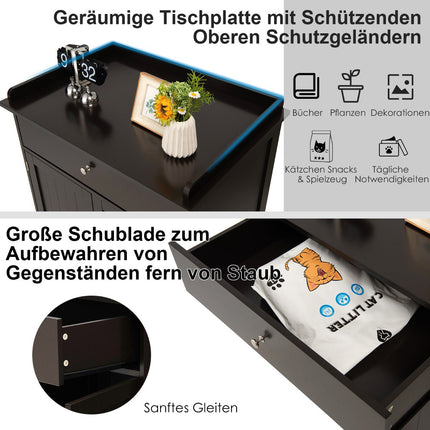 3-in-1 Cat House Litter Box Side Table with Drawer, Brown