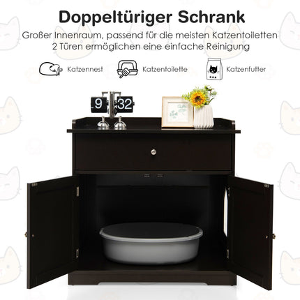 3-in-1 Cat House Litter Box Side Table with Drawer, Brown