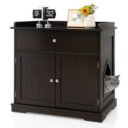 3-in-1 Cat House Litter Box Side Table with Drawer, Brown