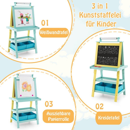 3 in 1 Children's Easel Double Sided Whiteboard & Chalkboard & Drawing Paper Yellow + Blue