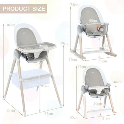 3-in-1 Convertible Baby High Chair, Height Adjust, Grey