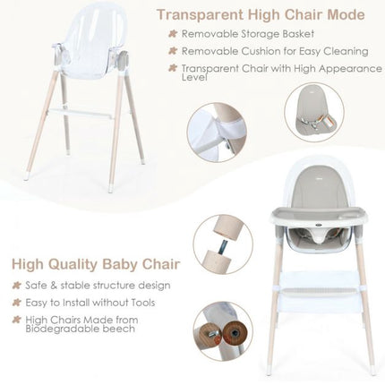 3-in-1 Convertible Baby High Chair, Height Adjust, Grey