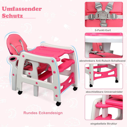 3-in-1 Convertible Baby High Chair with Tray, Pink