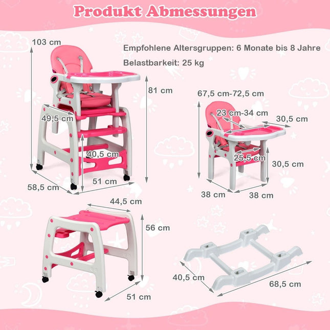 3-in-1 Convertible Baby High Chair with Tray, Pink