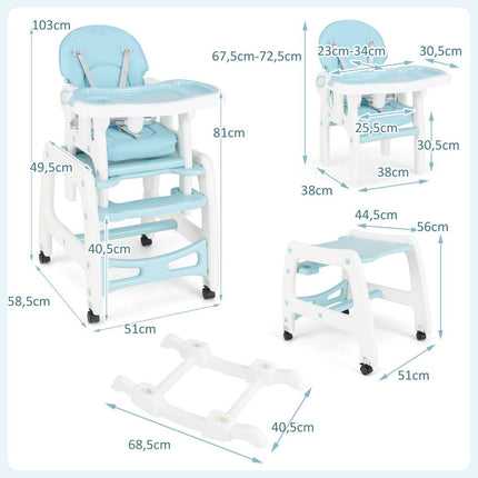 3-in-1 Convertible Baby High Chair with Wheels, Blue