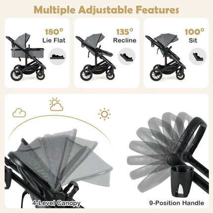 3-in-1 Convertible Baby Stroller, Folding Bassinet, Gray
