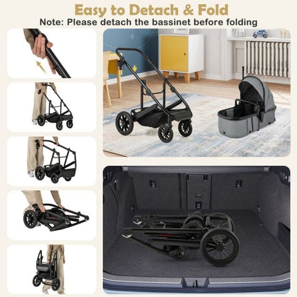 3-in-1 Convertible Baby Stroller, Folding Bassinet, Gray