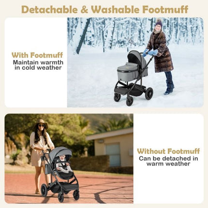 3-in-1 Convertible Baby Stroller, Folding Bassinet, Gray