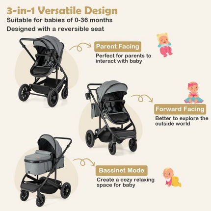 3-in-1 Convertible Baby Stroller, Folding Bassinet, Gray