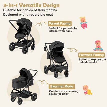 3-in-1 Convertible Baby Stroller with Detachable Bassinet
