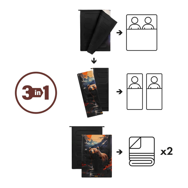 3-in-1 Double Sleeping Bag, Bear Design