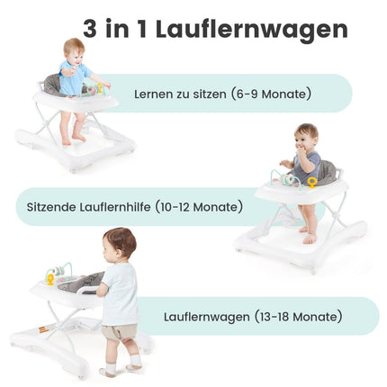 3-in-1 Foldable Baby Walker with Adjustable Height, Gray