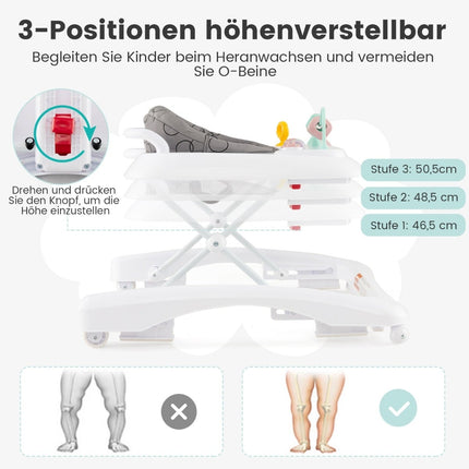 3-in-1 Foldable Baby Walker with Adjustable Height, Gray