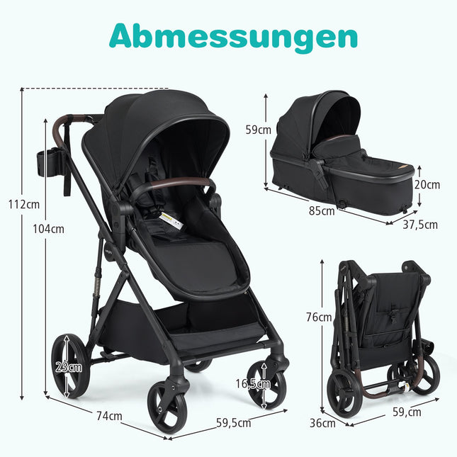 3-in-1 opvouwbare kinderwagen met omkeerbare zitting en verstelbare rugleuning