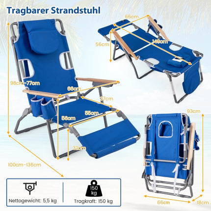 3-in-1 Folding Beach Chair with Footrest & Pillow