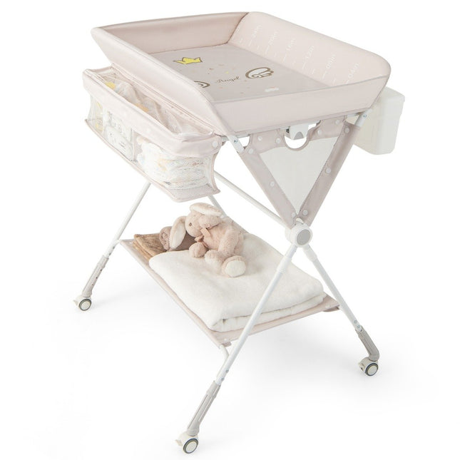 3 in 1 Folding Changing Table with Wheels &amp; Trash Can Mobile Changing Table Changing Station Beige