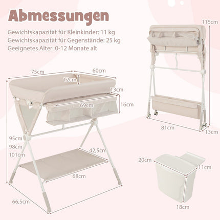 3 in 1 Folding Changing Table with Wheels &amp; Trash Can Mobile Changing Table Changing Station Beige