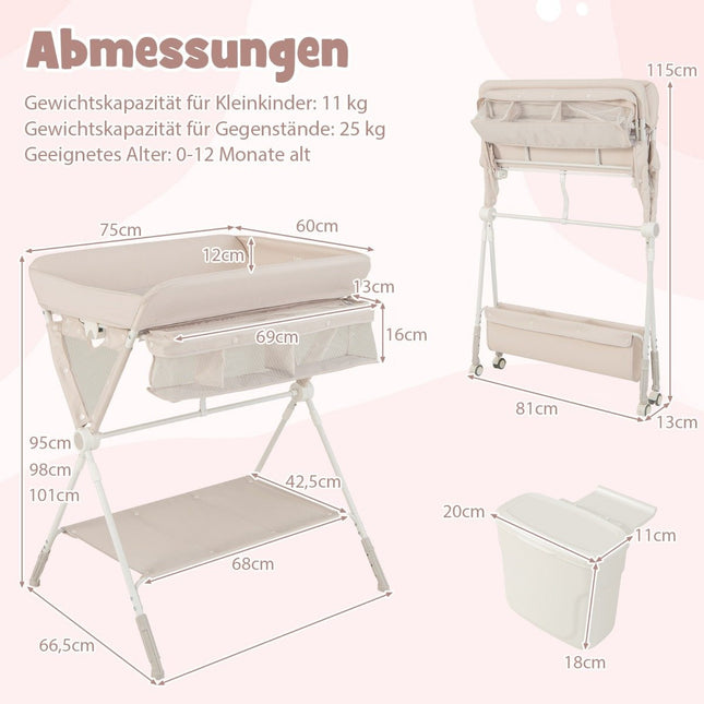 3 in 1 Folding Changing Table with Wheels &amp; Trash Can Mobile Changing Table Changing Station Beige
