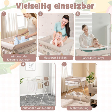 3 in 1 Folding Changing Table with Wheels &amp; Trash Can Mobile Changing Table Changing Station Beige