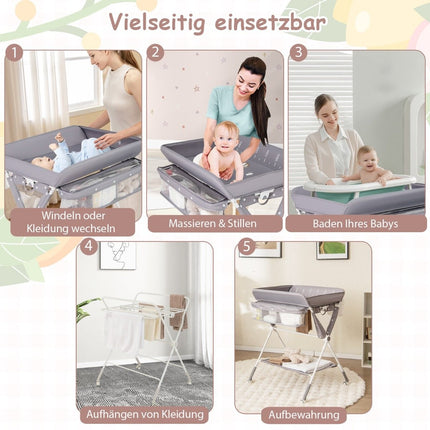 3 in 1 Folding Changing Table with Wheels &amp; Trash Can Mobile Changing Table Changing Station Gray