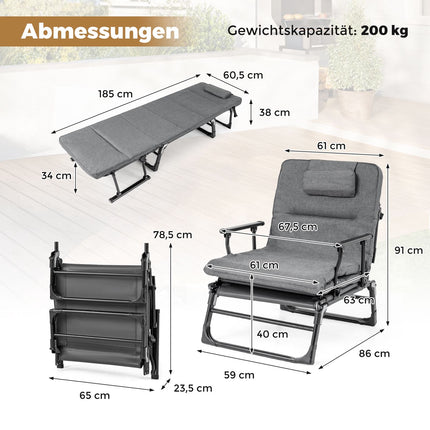 3 in 1 Folding Sun Lounger with Adjustable Backrest and Headrest