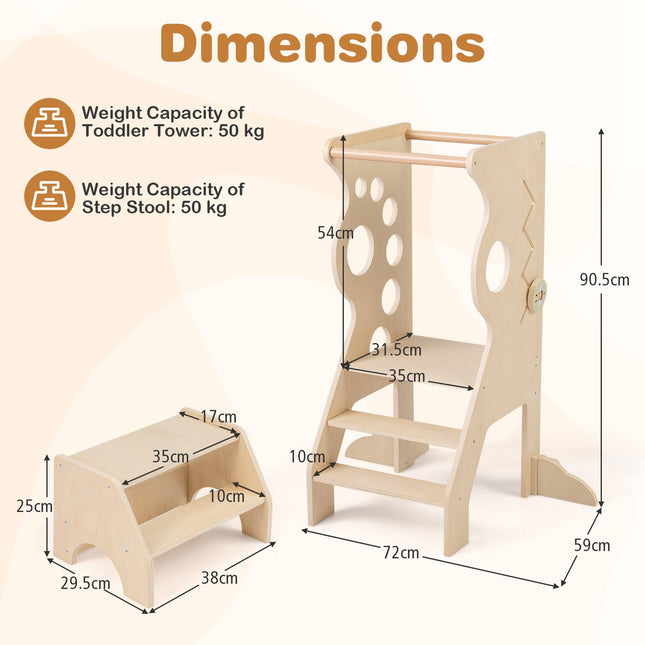 3-in-1 Kids Learning Tower with 2-Step Stool & Safety Bars