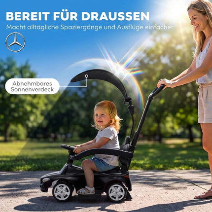 3-in-1 Kids Ride-On Car with Handle, Black, Mercedes Design