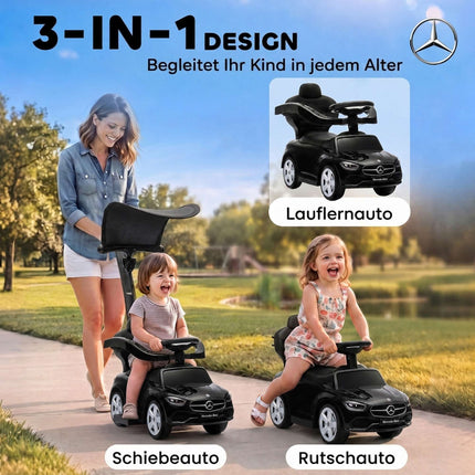 3-in-1 Kids Ride-On Car with Handle, Black, Mercedes Design