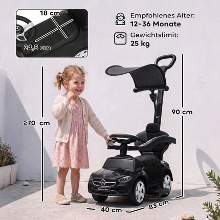 3-in-1 Kids Ride-On Car with Handle, Black, Mercedes Design