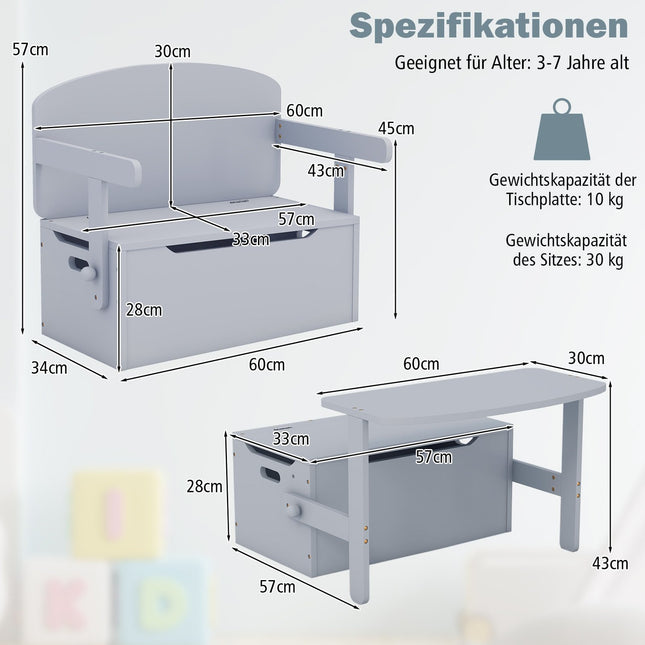 3-in-1 Kids Table Set with Storage, Wood, Gray