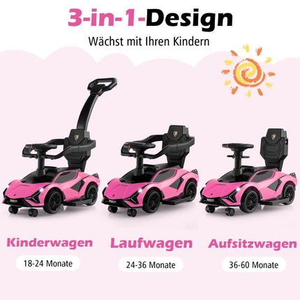 3-in-1 Lamborghini ride-on car push car with headlights &amp; Music &amp; Pink storage space