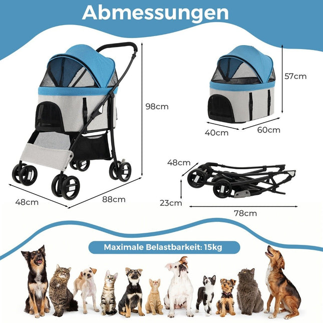3-in-1 Pet Stroller, Foldable, Up to 15kg, Blue