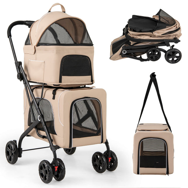 3-in-1 Pet Stroller with Dual Tiers & Storage, Beige