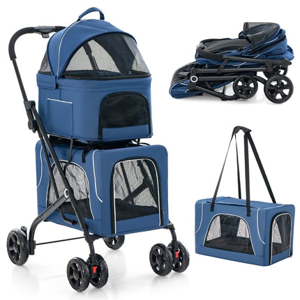 3-in-1 Pet Stroller with Mesh Windows & Storage, Blue