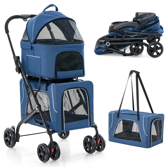 3-in-1 Pet Stroller with Mesh Windows & Storage, Blue