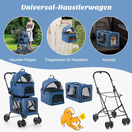 3-in-1 Pet Stroller with Mesh Windows & Storage, Blue