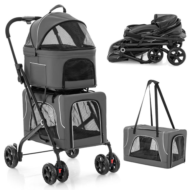 3-in-1 Pet Stroller with Mesh Windows and Storage, Gray